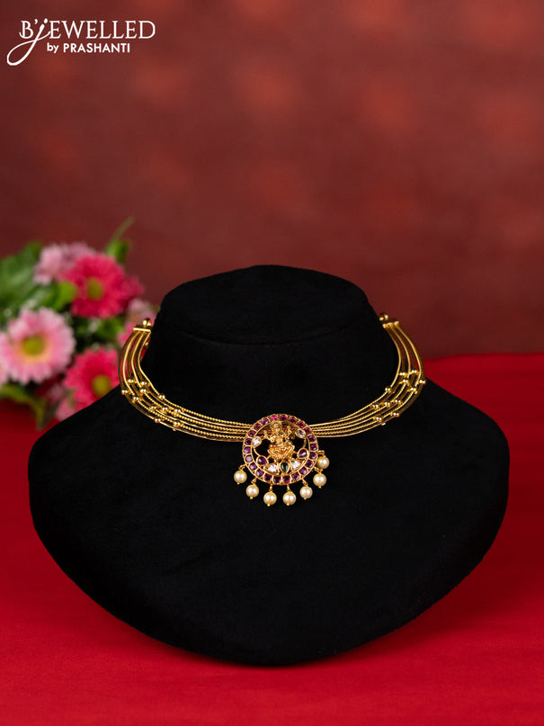 Ring type choker lakshmi pendant with kemp & cz stones and pearl hangings