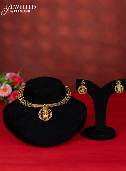 Ring type choker lakshmi pendant with green kemp stones