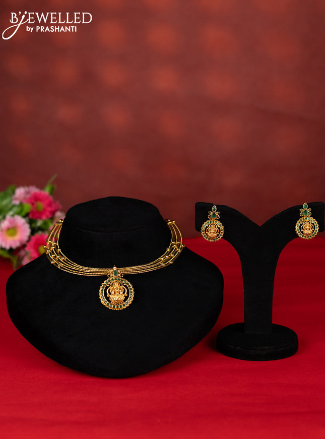 Ring type choker lakshmi pendant with green kemp stones