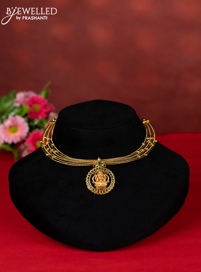 Ring type choker lakshmi pendant with green kemp stones