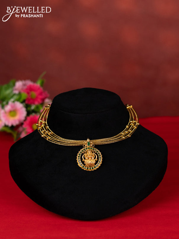 Ring type choker lakshmi pendant with green kemp stones