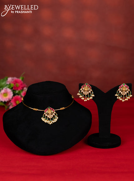 Ring type choker lakshmi pendant with kemp jadau kundan stones and pearl hangings