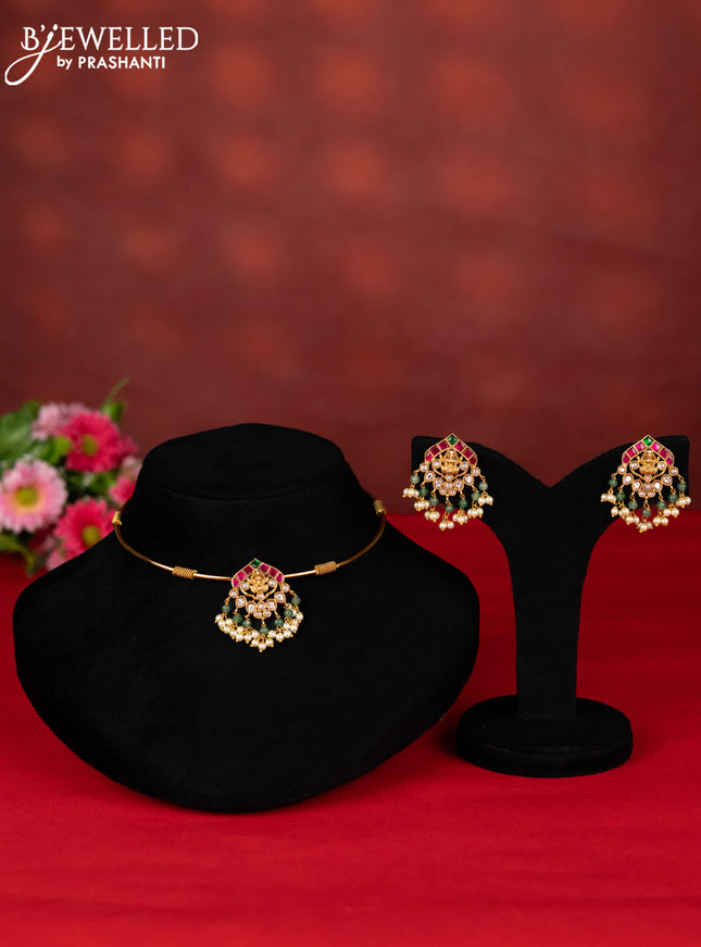 Ring type choker lakshmi pendant with kemp jadau kundan stones and pearl hangings
