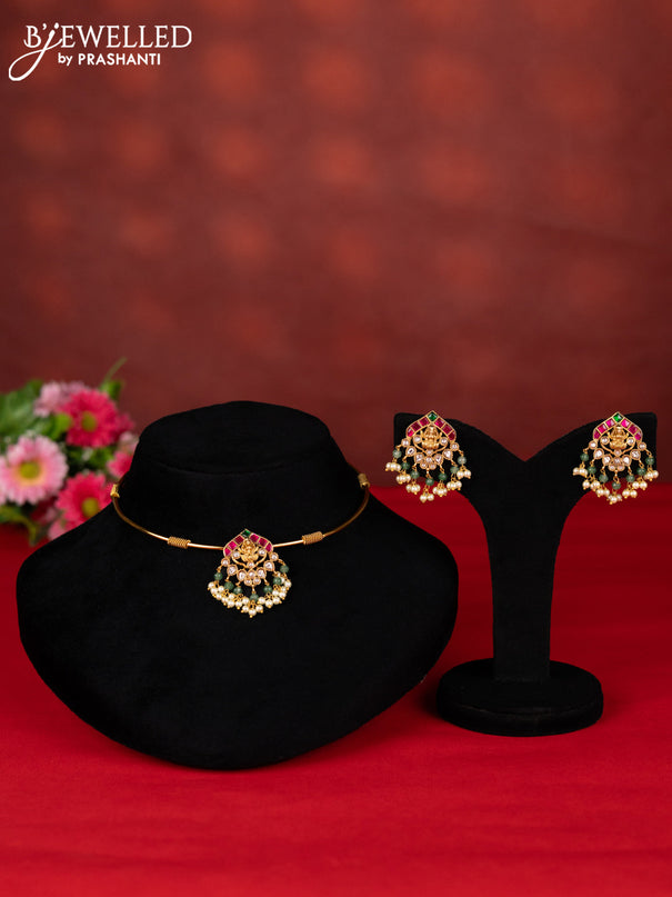 Ring type choker lakshmi pendant with kemp jadau kundan stones and pearl hangings