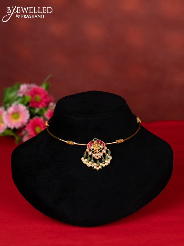 Ring type choker lakshmi pendant with kemp jadau kundan stones and pearl hangings