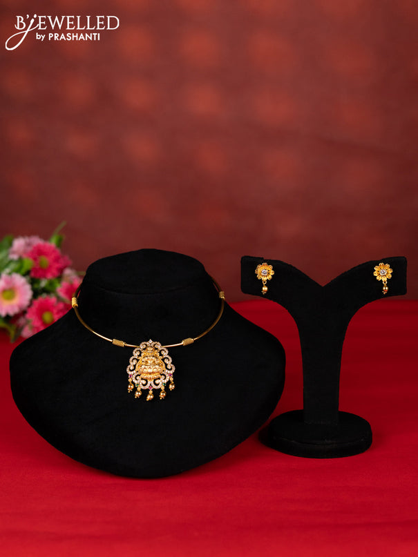 Ring type choker lakshmi pendant with kemp & cz stones and golden beads hangings