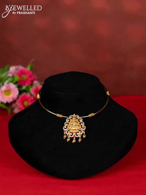 Ring type choker lakshmi pendant with kemp & cz stones and golden beads hangings