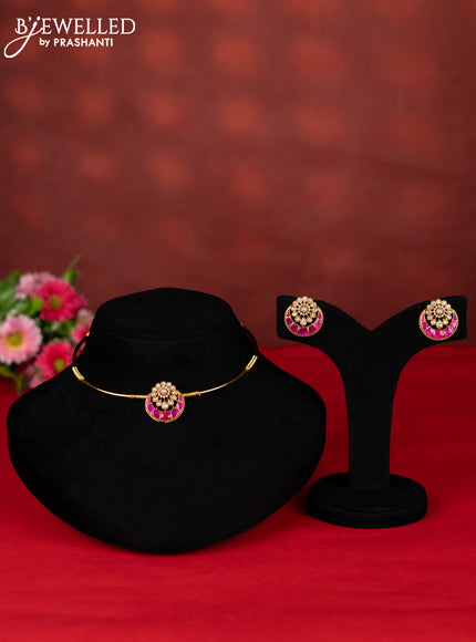 Ring type choker chandbali pendant with pink jadau kundan stones