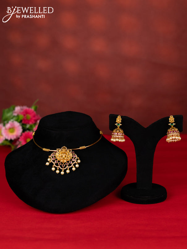 Ring type choker lakshmi pendant with kemp & cz stones and pearl hangings