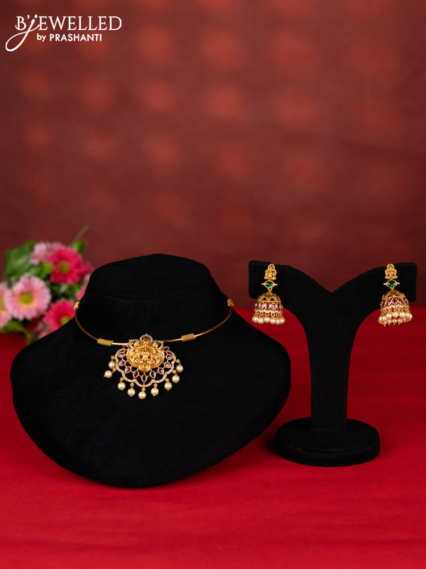 Ring type choker lakshmi pendant with kemp & cz stones and pearl hangings