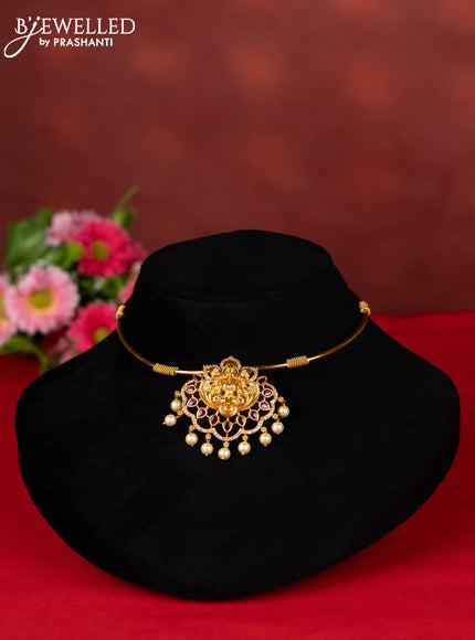 Ring type choker lakshmi pendant with kemp & cz stones and pearl hangings