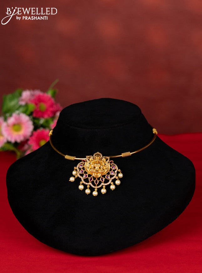 Ring type choker lakshmi pendant with kemp & cz stones and pearl hangings