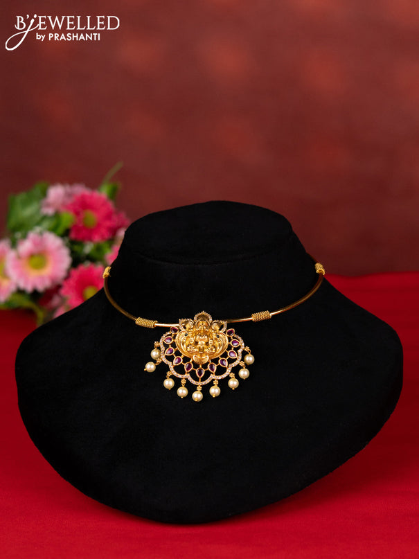 Ring type choker lakshmi pendant with kemp & cz stones and pearl hangings