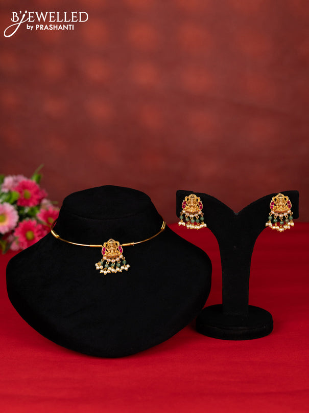 Ring type choker lakshmi pendant with pink jadau kundan stones and pearl hangings