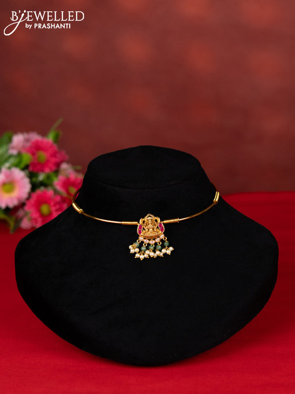 Ring type choker lakshmi pendant with pink jadau kundan stones and pearl hangings