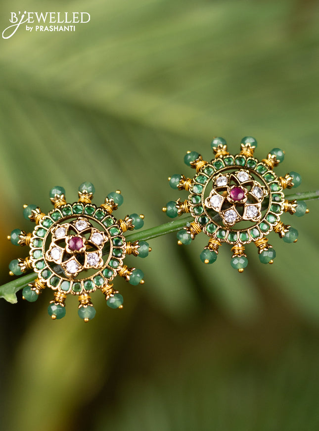 Antique earrings with kemp & kundan stones and mint green beads