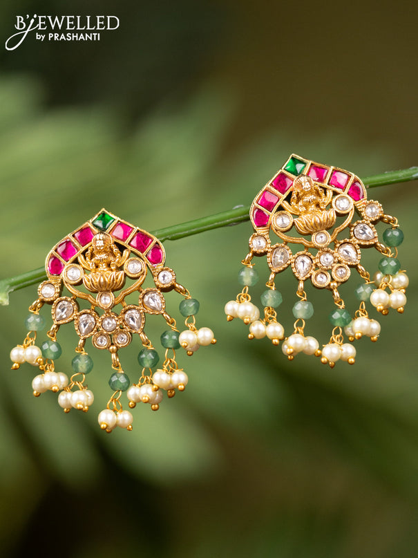 Antique earrings lakshmi design with kemp jadau kundan stones and pearl hangings