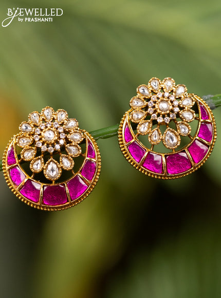 Antique earrings chandbali design with pink jadau kundan stones