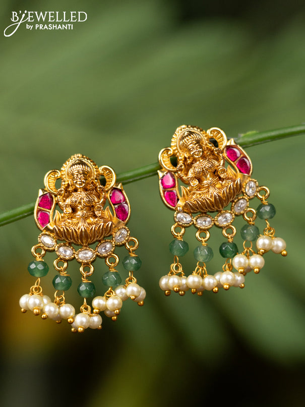 Antique earrings lakshmi design with pink kemp kundan stones and pearl hangings