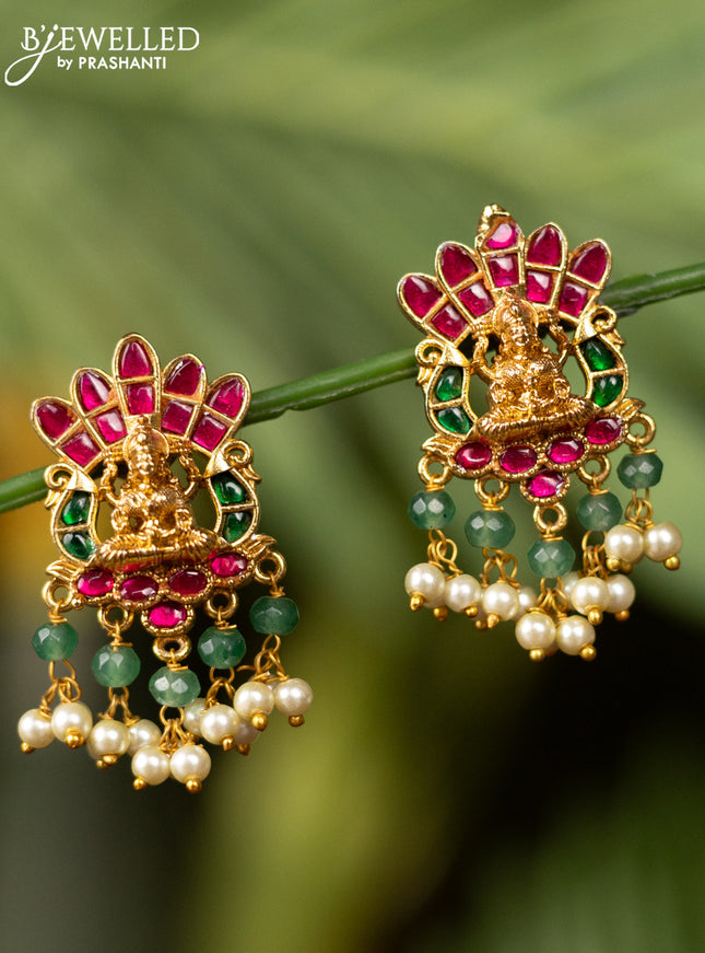 Antique earrings lakshmi design with kemp jadau stones and pearl & mint green beads hangings