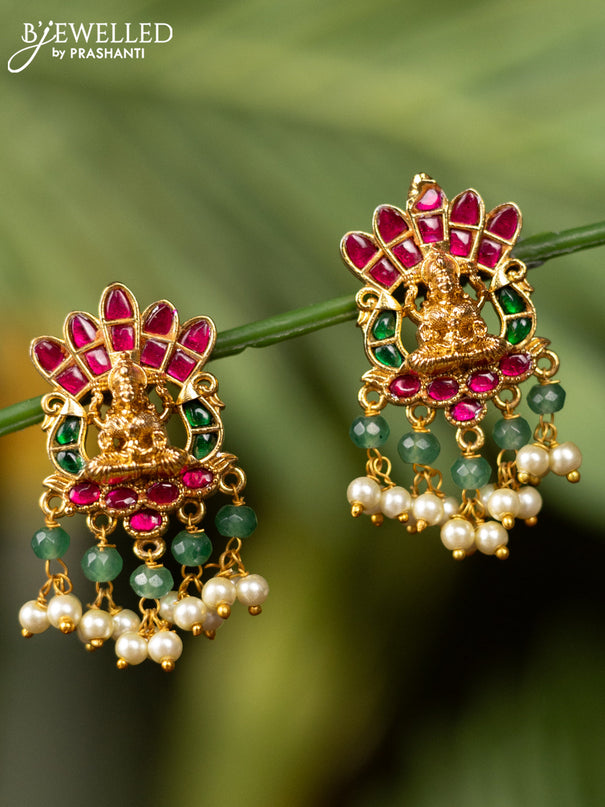 Antique earrings lakshmi design with kemp jadau stones and pearl & mint green beads hangings