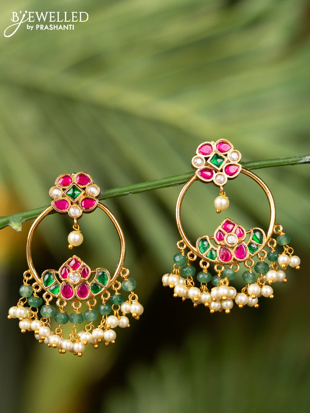 Antique earrings with kemp jadau kundan & cz stones and pearl & mint green beads hangings