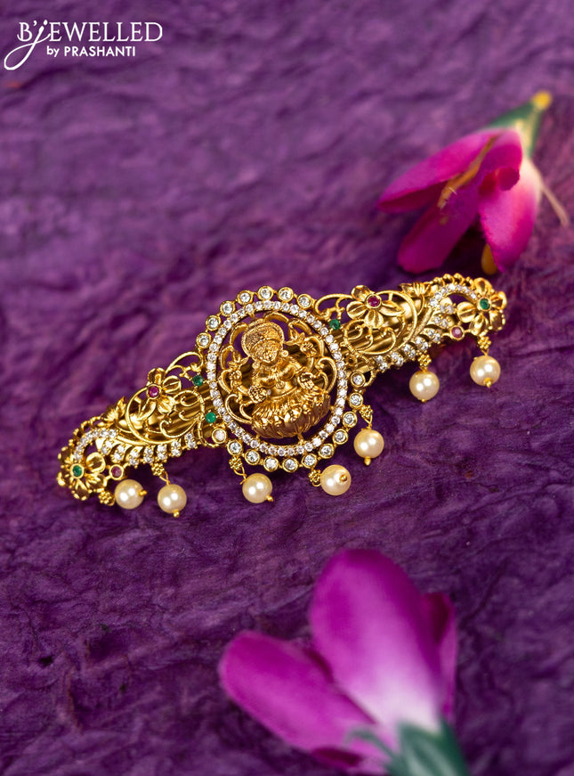 Antique hair clip medium size lakshmi design with kemp & cz stones and pearl hangings