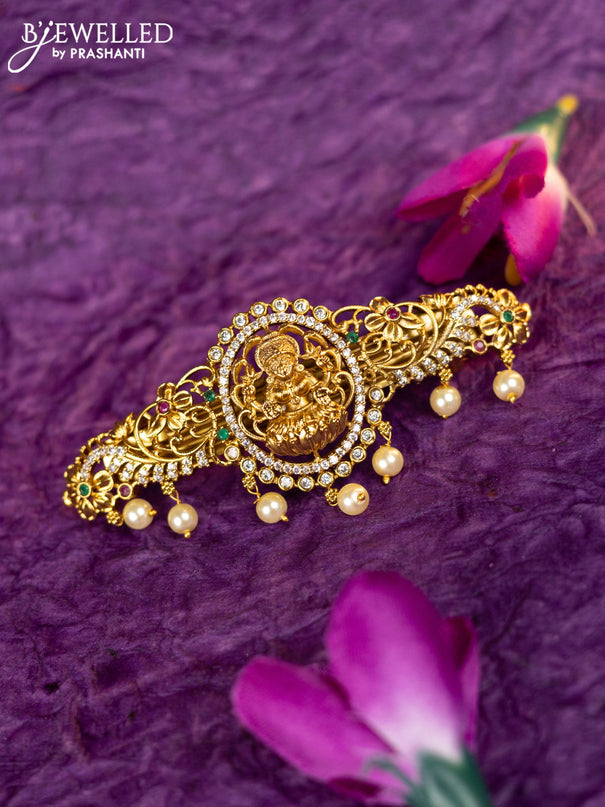 Antique hair clip medium size lakshmi design with kemp & cz stones and pearl hangings
