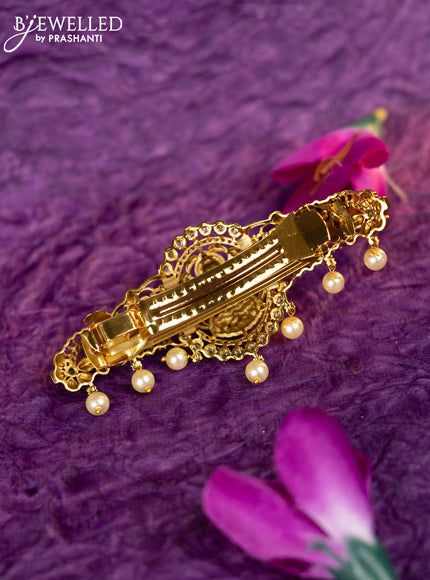 Antique hair clip medium size lakshmi design with kemp & cz stones and pearl hangings