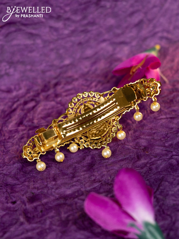 Antique hair clip medium size lakshmi design with kemp & cz stones and pearl hangings