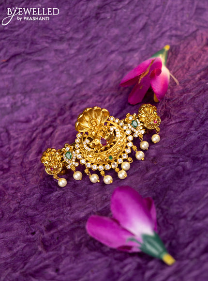 Antique hair clip medium size lakshmi design with kemp & cz stones and pearl hangings
