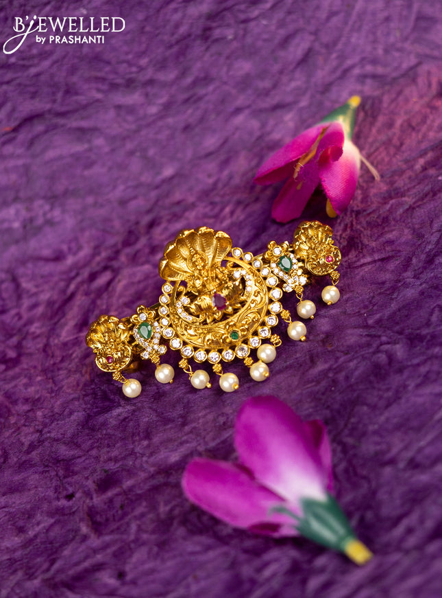 Antique hair clip medium size lakshmi design with kemp & cz stones and pearl hangings