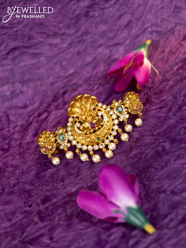Antique hair clip medium size lakshmi design with kemp & cz stones and pearl hangings