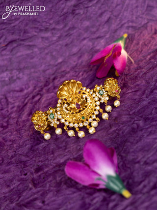 Antique hair clip medium size lakshmi design with kemp & cz stones and pearl hangings