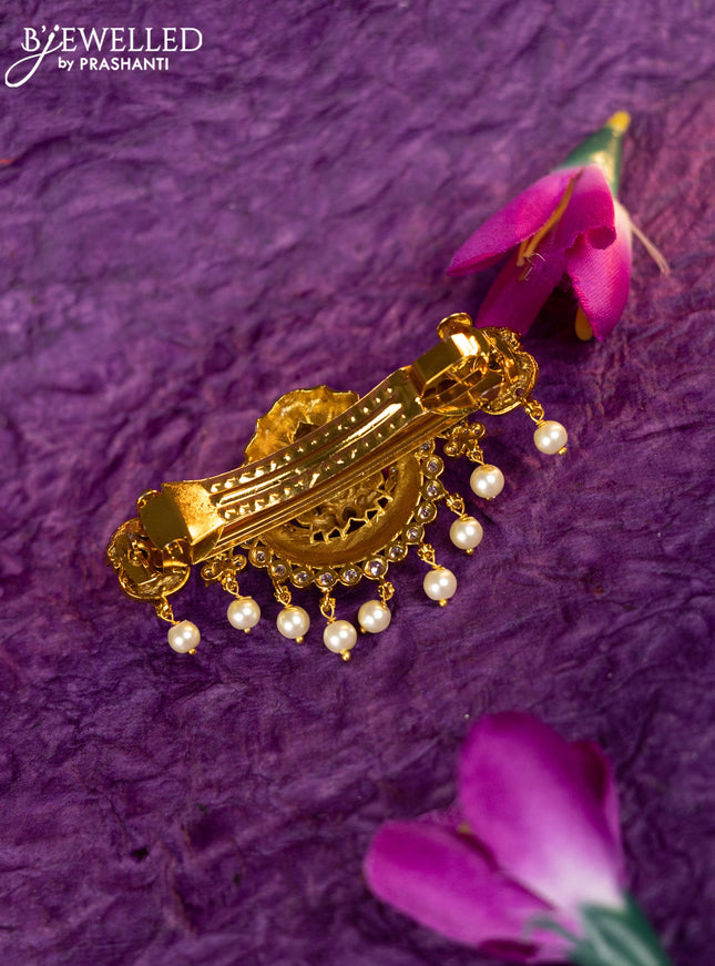 Antique hair clip medium size lakshmi design with kemp & cz stones and pearl hangings