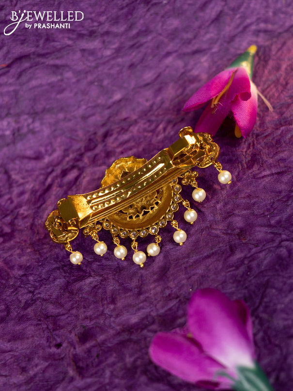 Antique hair clip medium size lakshmi design with kemp & cz stones and pearl hangings