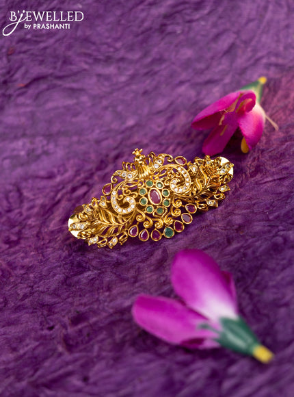 Antique hair clip medium size peacock design with kemp and cz stones