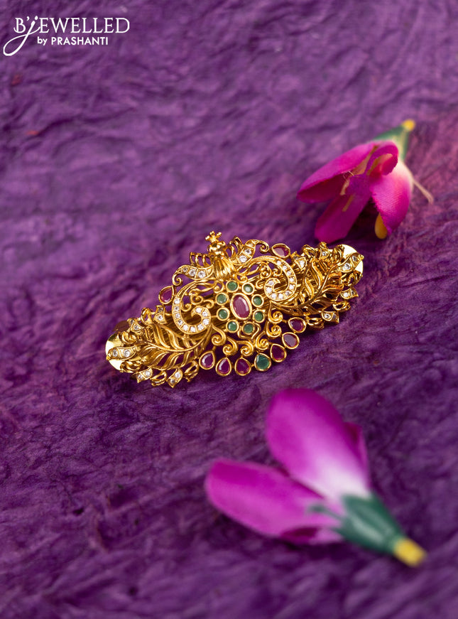 Antique hair clip medium size peacock design with kemp and cz stones