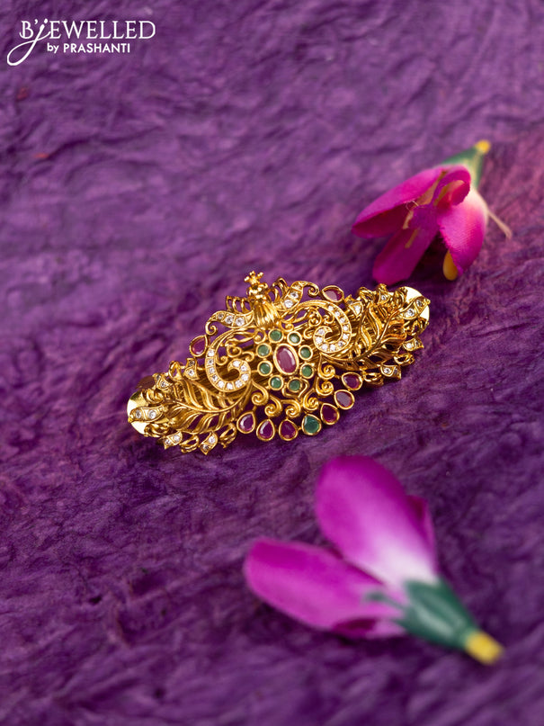Antique hair clip medium size peacock design with kemp and cz stones