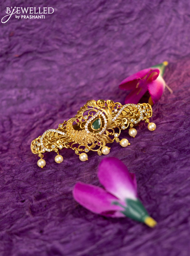 Antique hair clip medium size peacock design with kemp & cz stones and pearl hangings