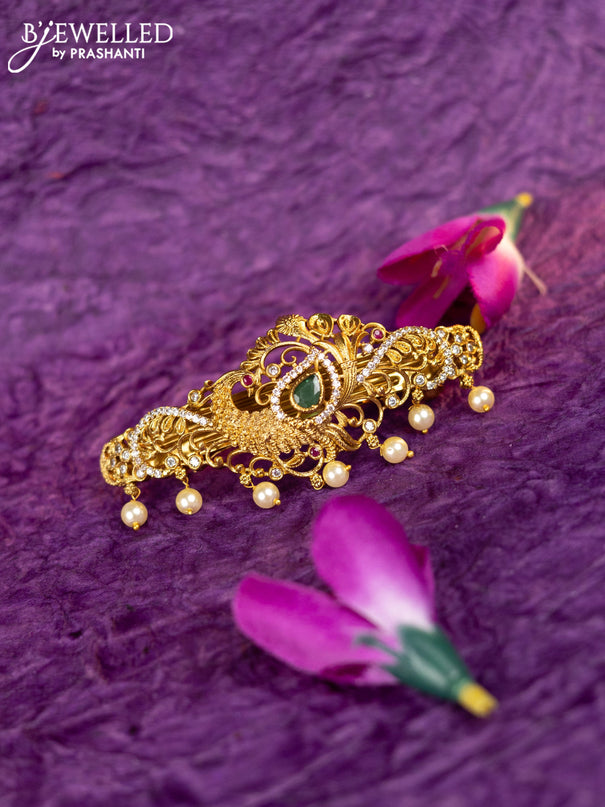 Antique hair clip medium size peacock design with kemp & cz stones and pearl hangings