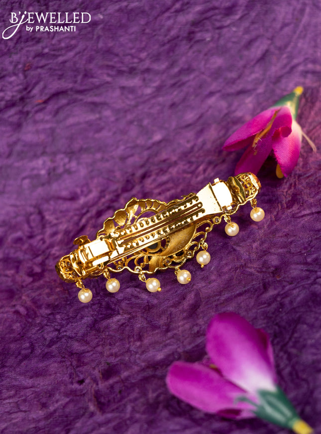 Antique hair clip medium size peacock design with kemp & cz stones and pearl hangings