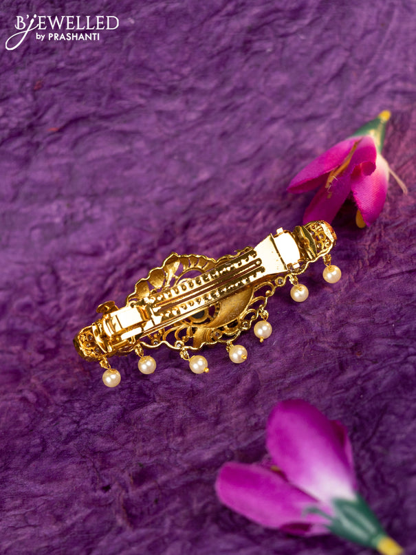 Antique hair clip medium size peacock design with kemp & cz stones and pearl hangings