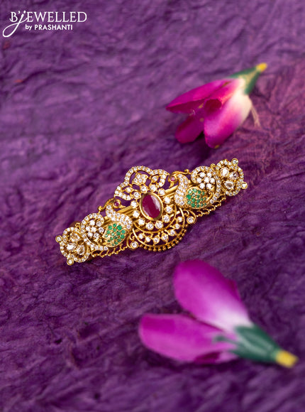 Antique hair clip medium size peacock design with kemp and cz stones