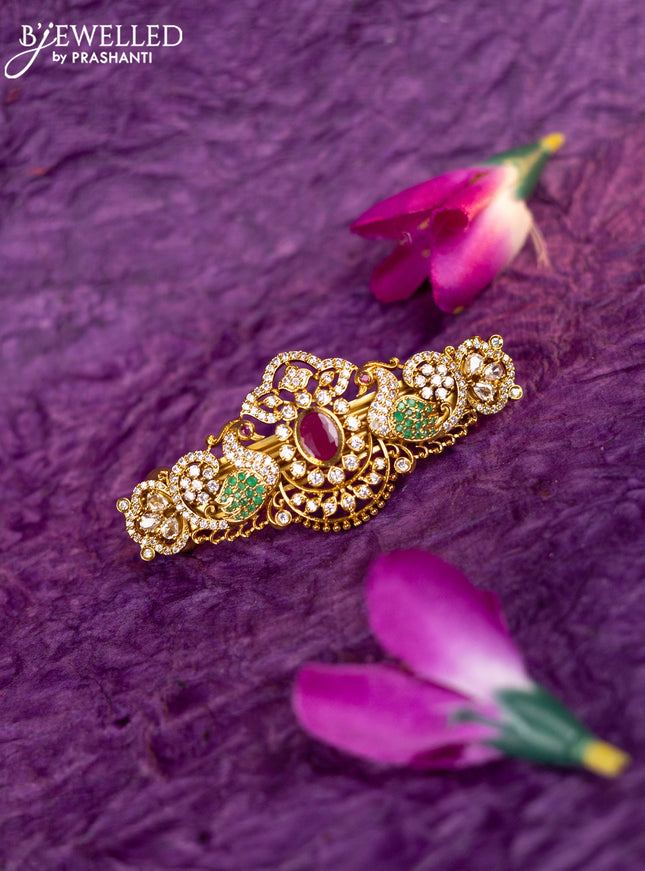 Antique hair clip medium size peacock design with kemp and cz stones