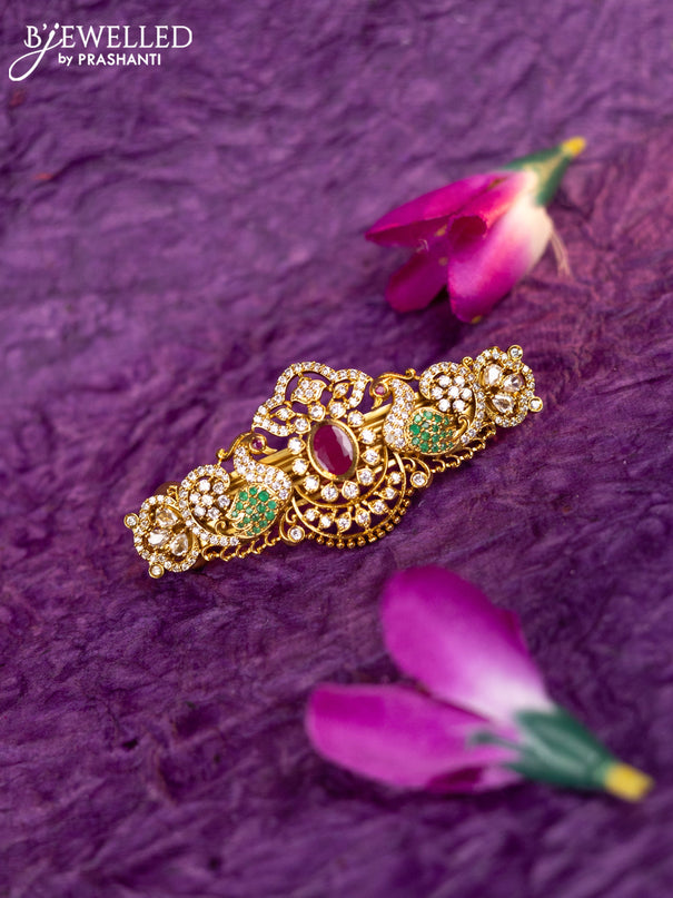 Antique hair clip medium size peacock design with kemp and cz stones