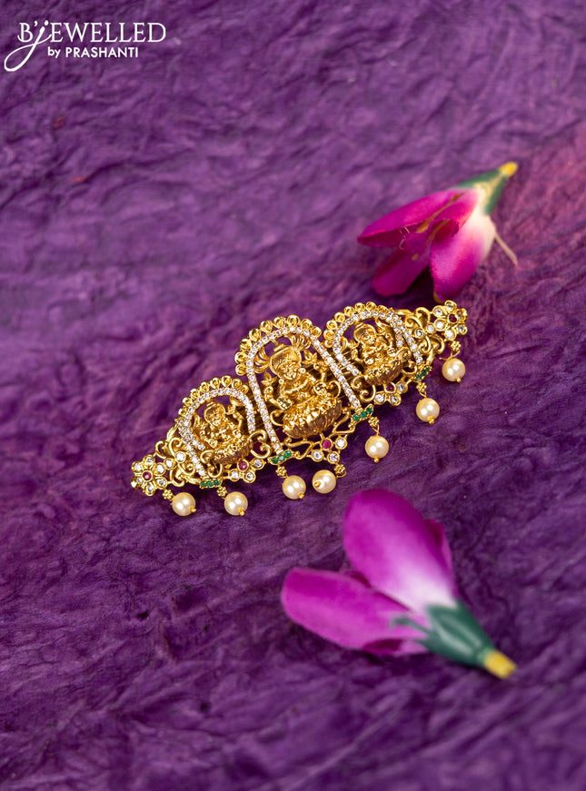 Antique hair clip medium size lakshmi design with kemp & cz stones and pearl hangings