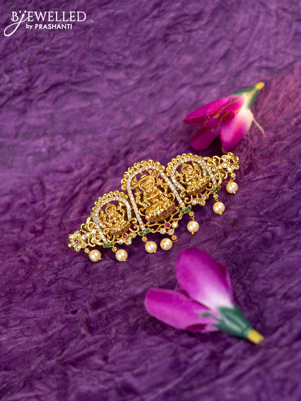 Antique hair clip medium size lakshmi design with kemp & cz stones and pearl hangings