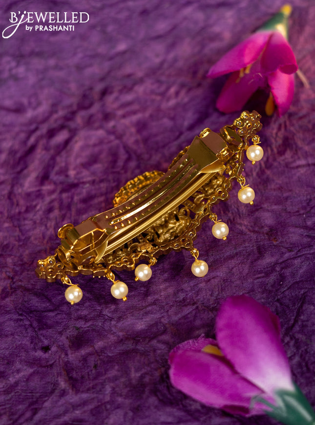 Antique hair clip medium size lakshmi design with kemp & cz stones and pearl hangings
