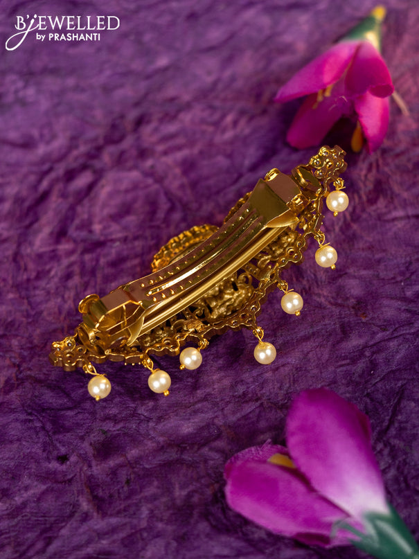 Antique hair clip medium size lakshmi design with kemp & cz stones and pearl hangings